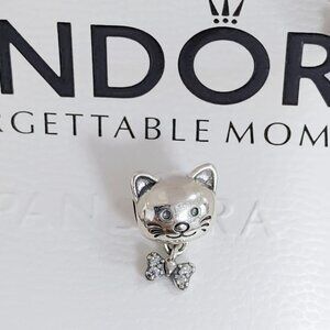 Pandora Pet Cat & Bow Dangle Charm Pendant S925 Silver Jewelry with box